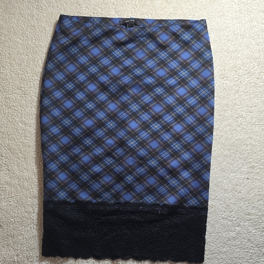 Forever 21 Blue Plaid Midi Skirt with Black Lace